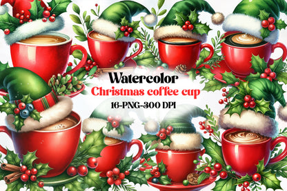Christmas Coffee Cup Clipart PNG Bundle | Red Coffee Mugs, Santa Hats, Holly Berry & Festive Winter Coffee Designs