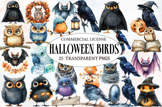 Halloween Birds Clipart PNG Bundle | Spooky Owls, Crows, Ravens, Bats & Witch Bird PNG