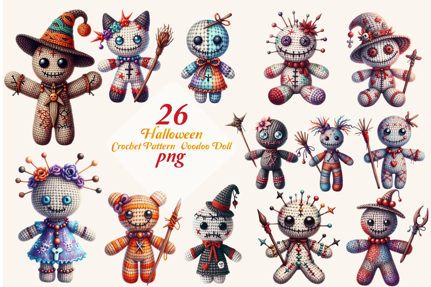 26 Halloween Voodoo Doll PNG Crochet Pattern Spooky Doll Clipart