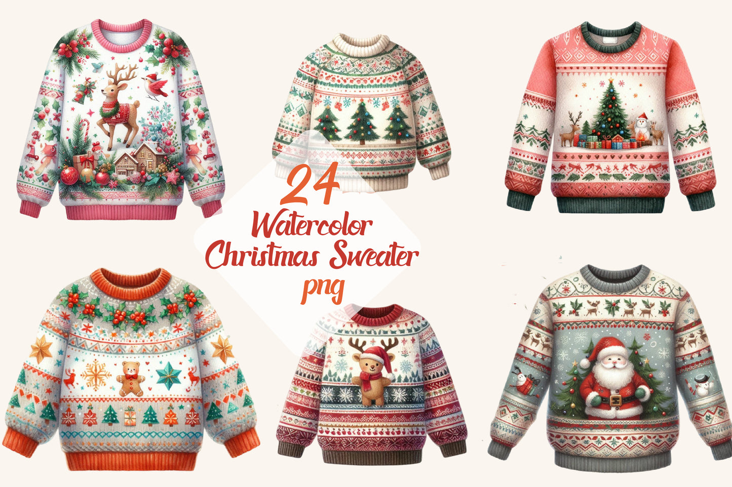 24 Watercolor Christmas Sweater PNG Clipart Bundle Cute Holiday Knit