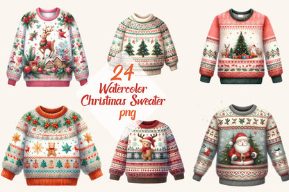 24 Watercolor Christmas Sweater PNG Clipart Bundle Cute Holiday Knit