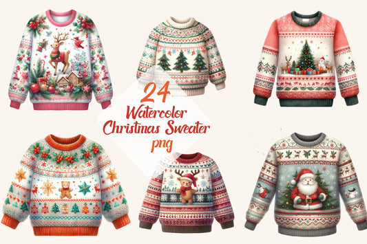24 Watercolor Christmas Sweater PNG Clipart Bundle Cute Holiday Knit