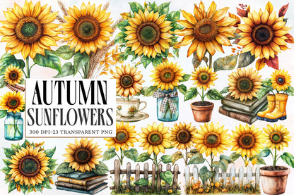 Autumn Sunflowers Clipart PNG Bundle | Watercolor Fall Sunflower Clipart | Rustic Harvest Floral PNG