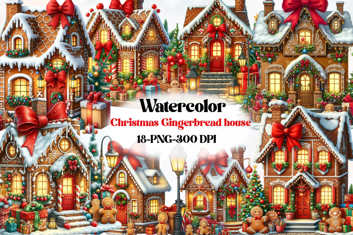 Watercolor Christmas Gingerbread House Clipart PNG Bundle | Gingerbread Village & Holiday Houses