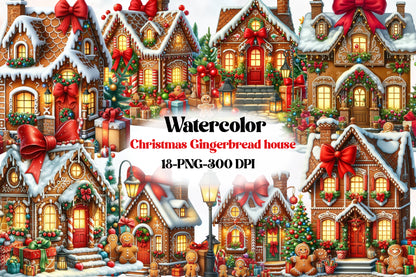 Watercolor Christmas Gingerbread House Clipart PNG Bundle | Gingerbread Village & Holiday Houses