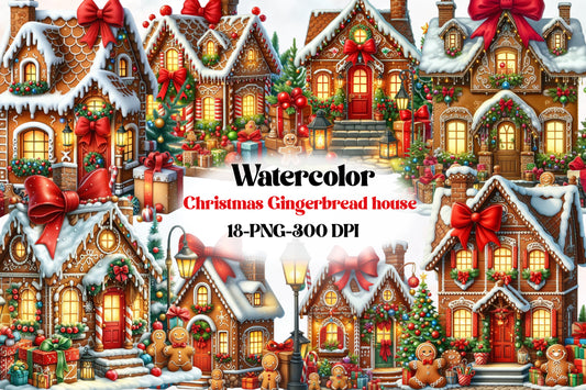 Watercolor Christmas Gingerbread House Clipart PNG Bundle | Gingerbread Village & Holiday Houses