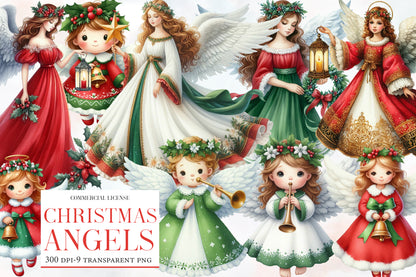 Christmas Angels Clipart PNG Bundle | Watercolor Heavenly Christmas Angel Clipart | Holiday Angel PNG