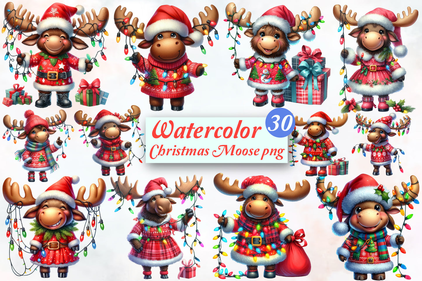 30 Christmas Moose PNG Watercolor Clipart Bundle Festive Reindeer Moose