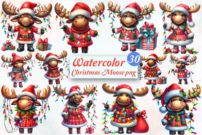 30 Christmas Moose PNG Watercolor Clipart Bundle Festive Reindeer Moose