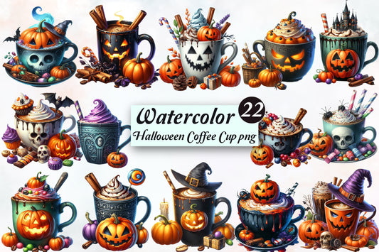 Halloween Coffee Cup PNG Bundle Spooky Pumpkin Coffee Watercolor Clipart