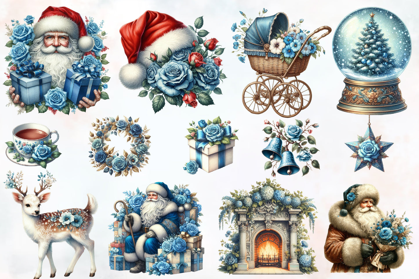 Blue & Beige Christmas PNG Bundle | Watercolor Christmas Clipart, Santa, Blue Roses & Elegant Holiday Decor
