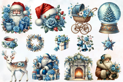 Blue & Beige Christmas PNG Bundle | Watercolor Christmas Clipart, Santa, Blue Roses & Elegant Holiday Decor