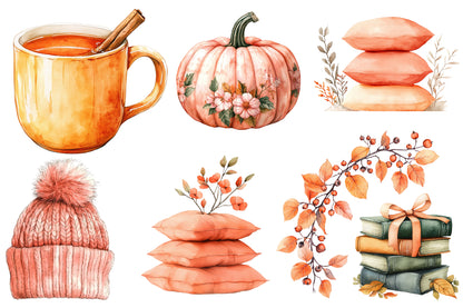 Autumn Clipart PNG Bundle | Cozy Fall Sweater, Scarf, Pumpkin,
