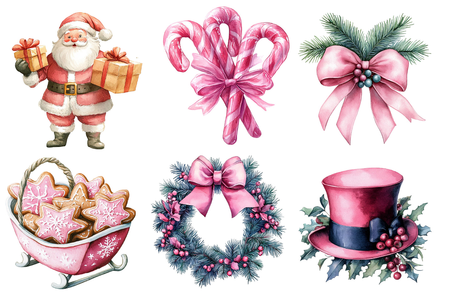 Pink Christmas Watercolor Clipart PNG Bundle | Pink Christmas Tree PNG | Pink Santa Holiday Sublimation