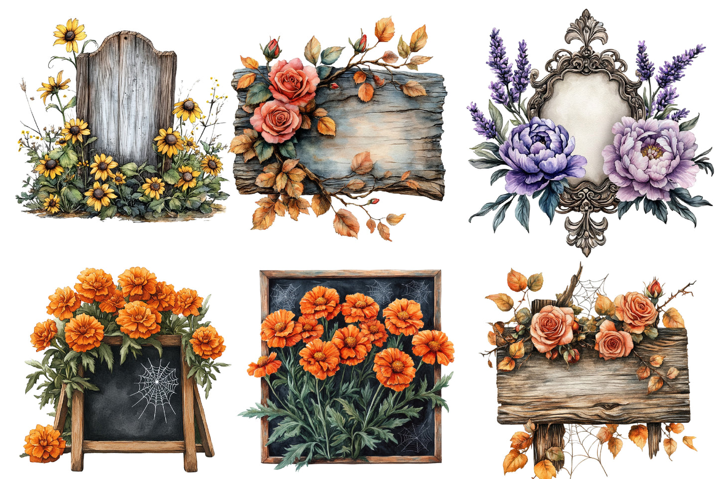 Halloween Floral Signs Clipart PNG | Rustic Wood Sign, Pumpkin & Rose Floral Frames,