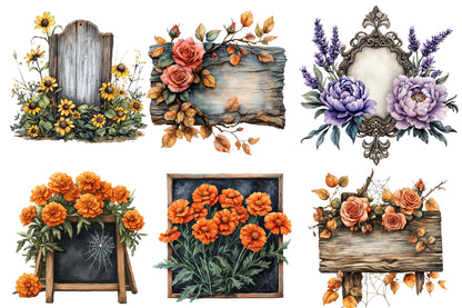 Halloween Floral Signs Clipart PNG | Rustic Wood Sign, Pumpkin & Rose Floral Frames,