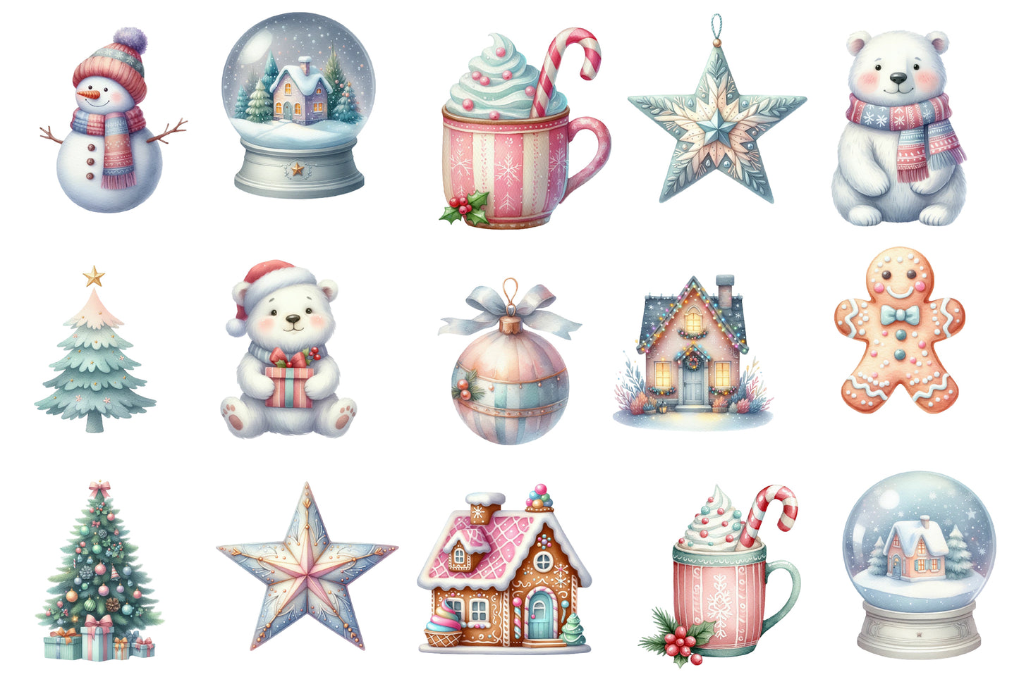 Cute Pastel Christmas Watercolor Clipart PNG Bundle | Sweet Gingerbread Christmas Clipart | Pastel Holiday Sublimation PNG