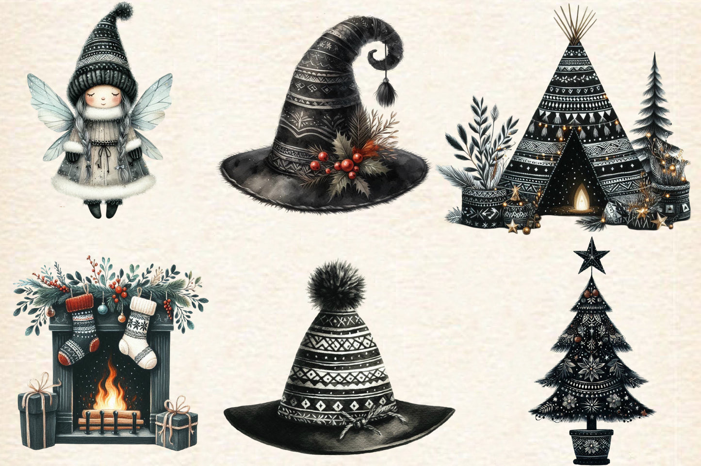 24 Watercolor Boho Moody Christmas PNG Dark Holiday Clipart