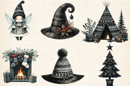 24 Watercolor Boho Moody Christmas PNG Dark Holiday Clipart