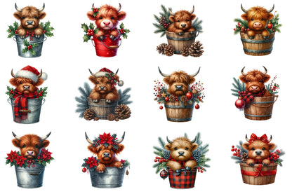 Christmas Highland Cows in Bucket Clipart PNG Bundle | Watercolor Cute Highland Cow in Bucket | Farmhouse Holiday Sublimation PNG