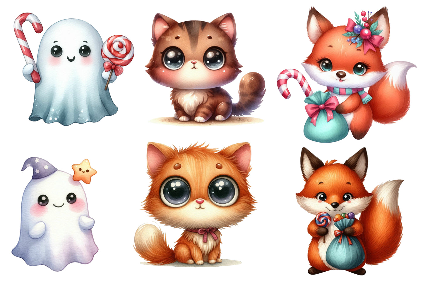 Pastel Halloween Clipart PNG Bundle | Cute Ghost, Fox, Cat & Haunted House Clipart