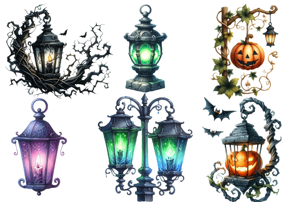 Halloween Streetlights Clipart PNG Bundle | 21 Gothic Lantern & Street Lamp Designs