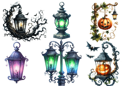 Halloween Streetlights Clipart PNG Bundle | 21 Gothic Lantern & Street Lamp Designs