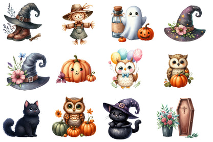 Kawaii Halloween Clipart PNG Bundle | Cute Ghost, Owl, Cat & Pumpkin Clipart