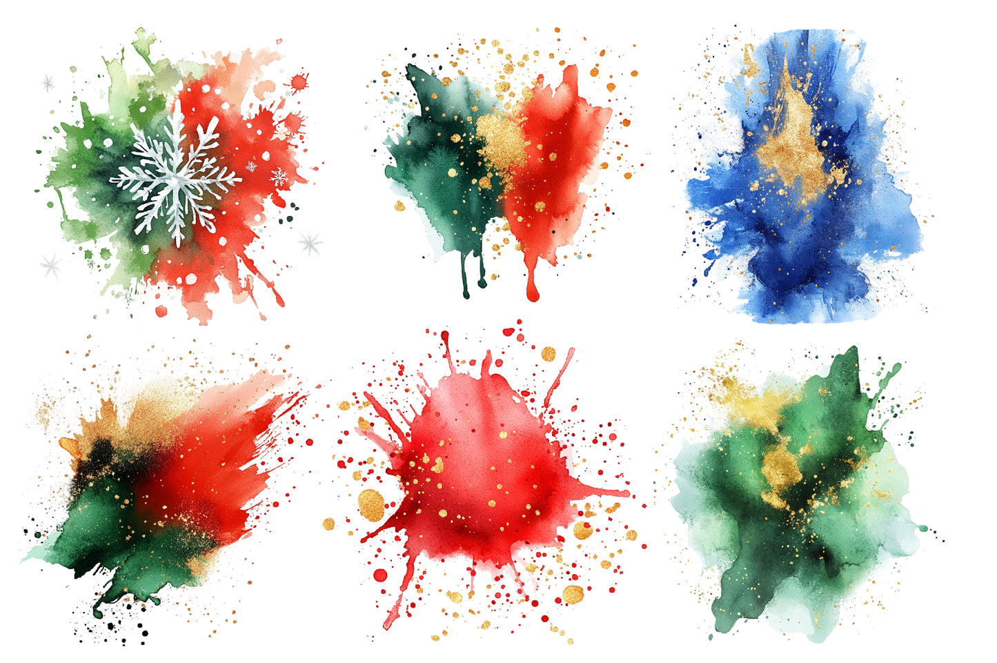 Christmas Watercolor Splashes Bundle PNG | Christmas Paint Splash Clipart | Festive Watercolor Holiday Backgrounds