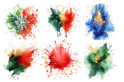 Christmas Watercolor Splashes Bundle PNG | Christmas Paint Splash Clipart | Festive Watercolor Holiday Backgrounds