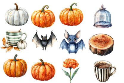 Cozy Halloween Watercolor Clipart PNG Bundle | Cute Halloween Clipart, Fall Pumpkin PNG