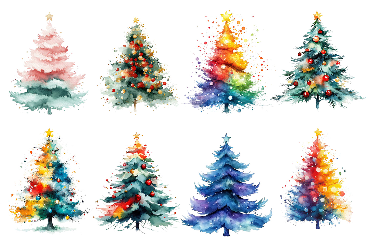 Abstract Watercolor Christmas Tree PNG Bundle | Modern Holiday Tree Clipart | Festive Winter Christmas Tree PNG