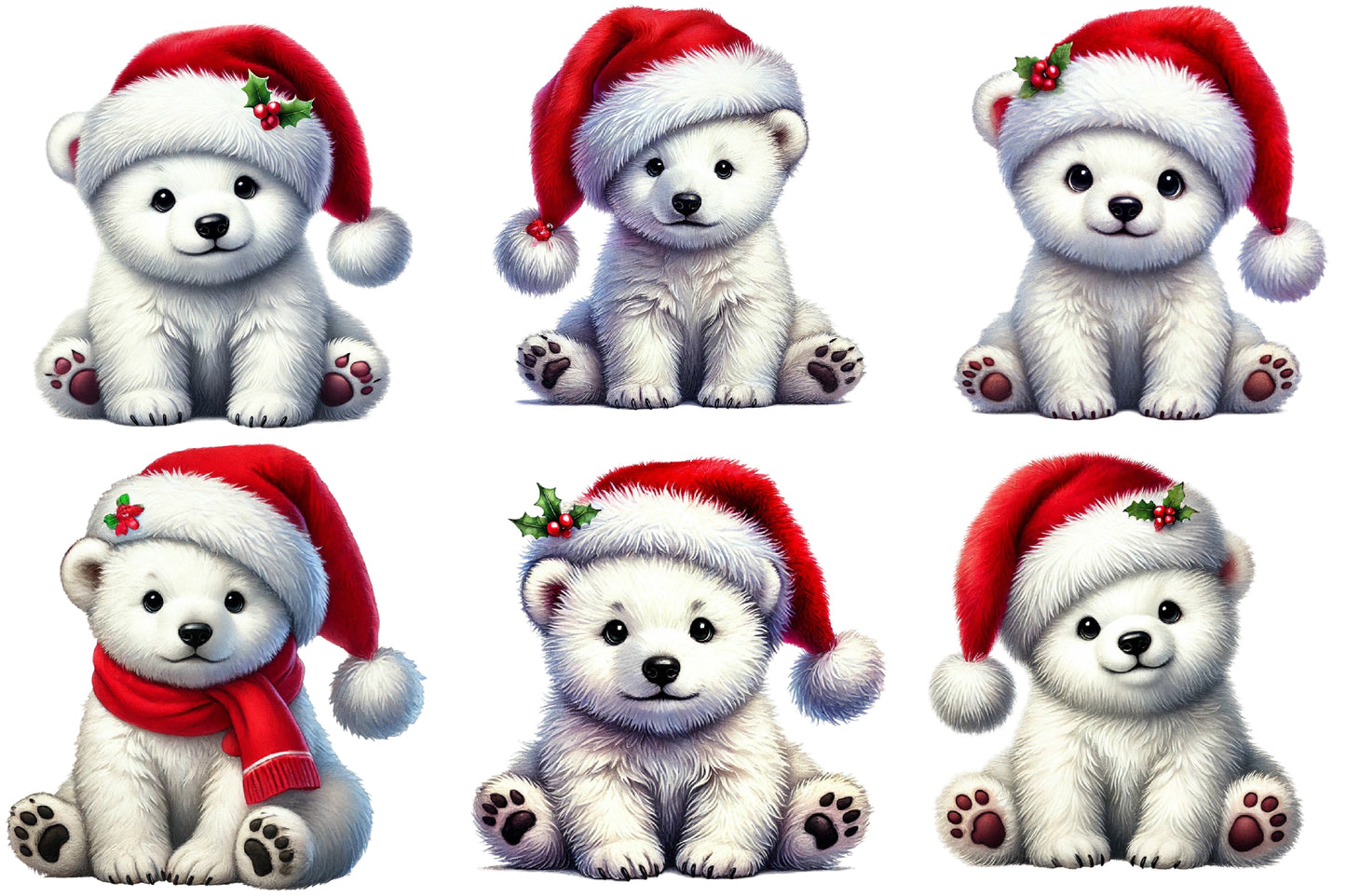 Watercolor Christmas Polar Bear Clipart PNG Bundle | Cute Santa Polar Bear