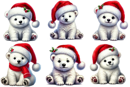 Watercolor Christmas Polar Bear Clipart PNG Bundle | Cute Santa Polar Bear