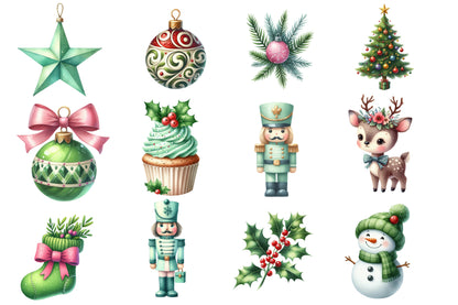 Christmas Clipart PNG Bundle | Watercolor Christmas Ornaments, Christmas Tree, Deer, Snowman, Santa, Nutcracker, Gifts & Winter Elements