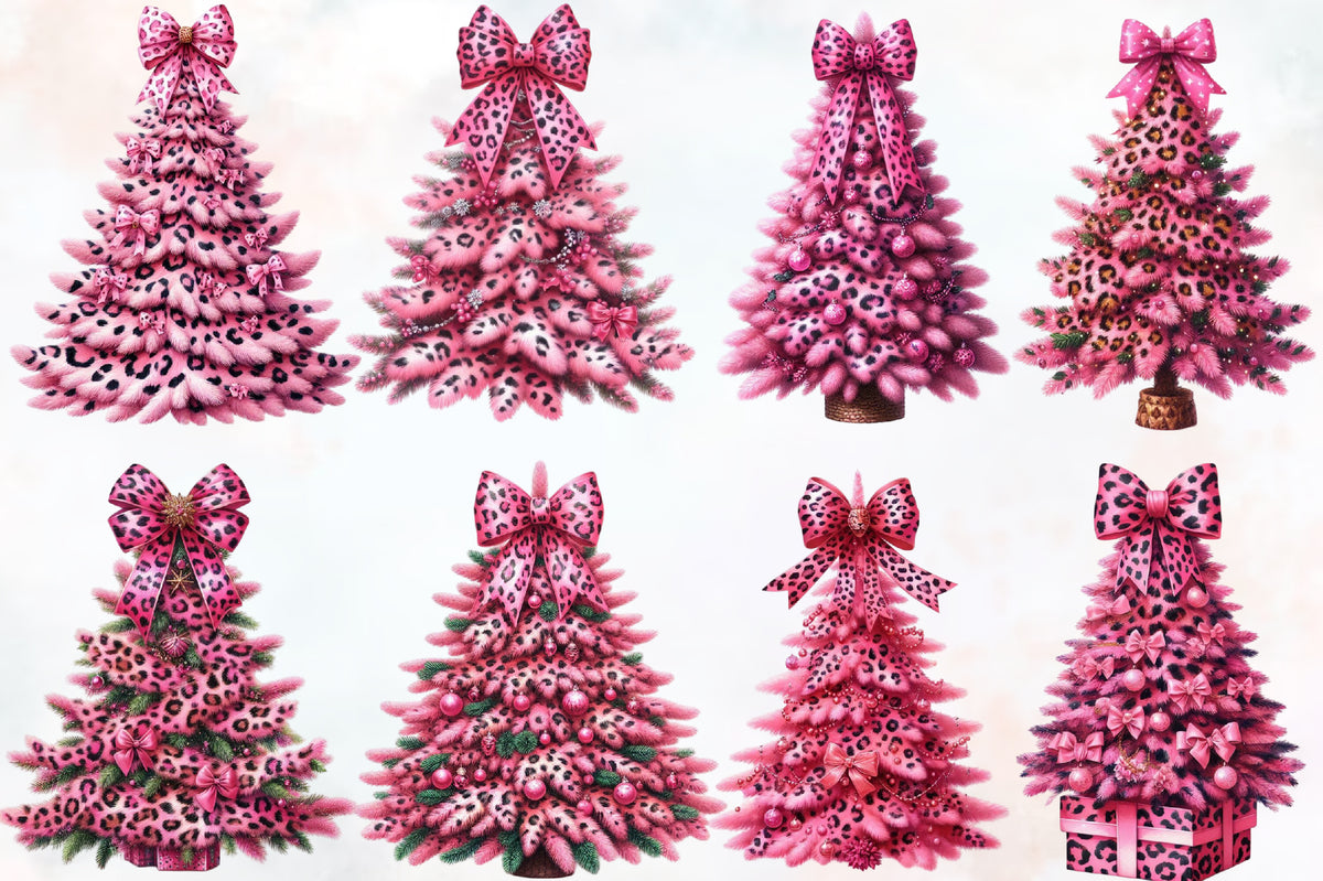 Pink Leopard Christmas Tree PNG Bundle – Watercolor Holiday Trees