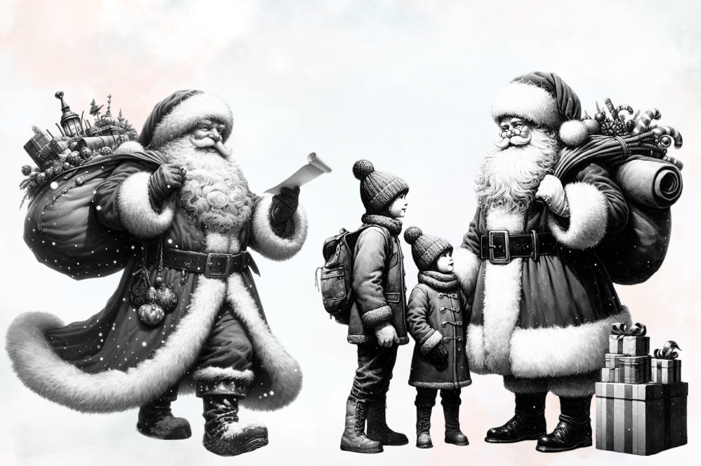 10 Watercolor Black and White Santa PNG Clipart Christmas Bundle