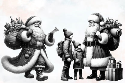 10 Watercolor Black and White Santa PNG Clipart Christmas Bundle