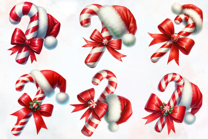 Watercolor Christmas Candy Cane Clipart PNG Bundle | Santa Hat Candy Cane & Red Bow | Christmas Sublimation