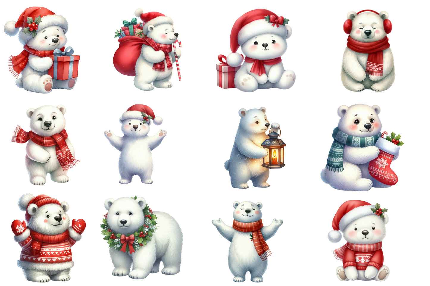 Cute Christmas Polar Bear Clipart PNG Bundle | Polar Bear, Santa Bear, Winter Bear, Christmas Lights & Holiday Animals