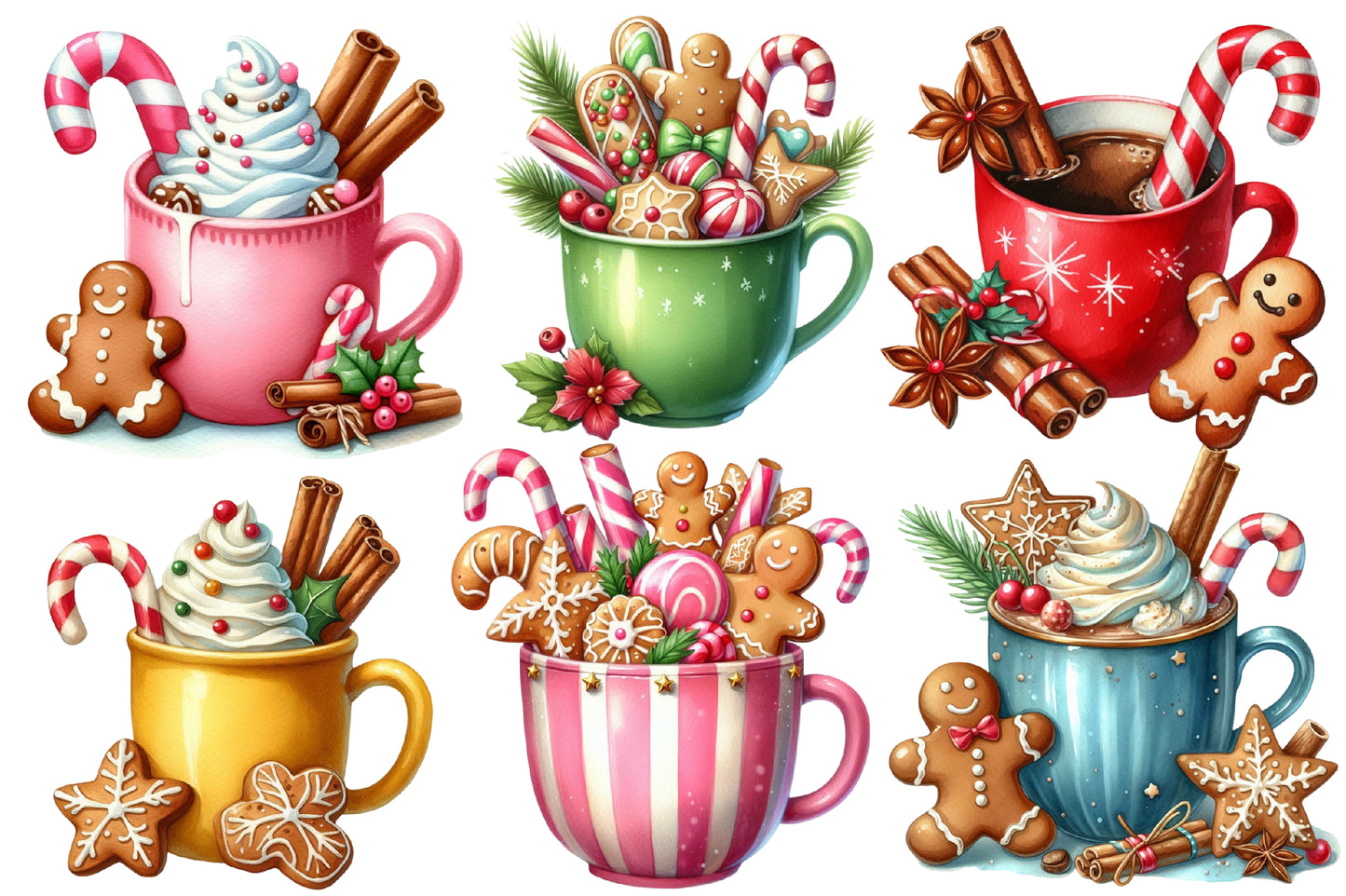 Watercolor Christmas Hot Cocoa Clipart PNG Bundle | Gingerbread Cocoa & Candy Cane