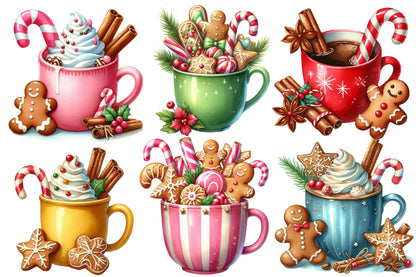 Watercolor Christmas Hot Cocoa Clipart PNG Bundle | Gingerbread Cocoa & Candy Cane