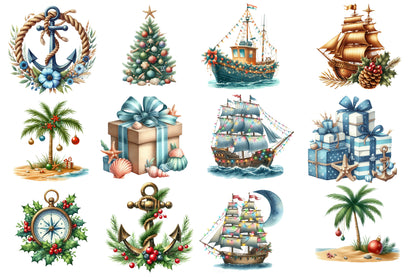 Nautical Christmas Clipart PNG Bundle | Coastal Christmas Watercolor Clipart | Beach Holiday Sublimation PNG