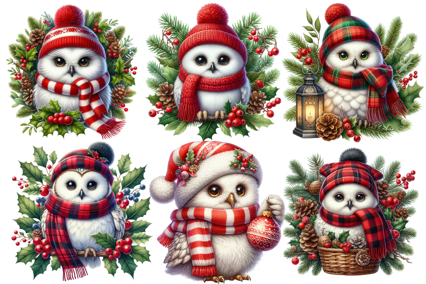 Watercolor Christmas Owl Clipart PNG Bundle | Cute Snowy Owls & Winter Holiday Birds