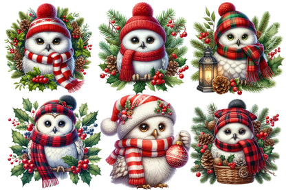 Watercolor Christmas Owl Clipart PNG Bundle | Cute Snowy Owls & Winter Holiday Birds