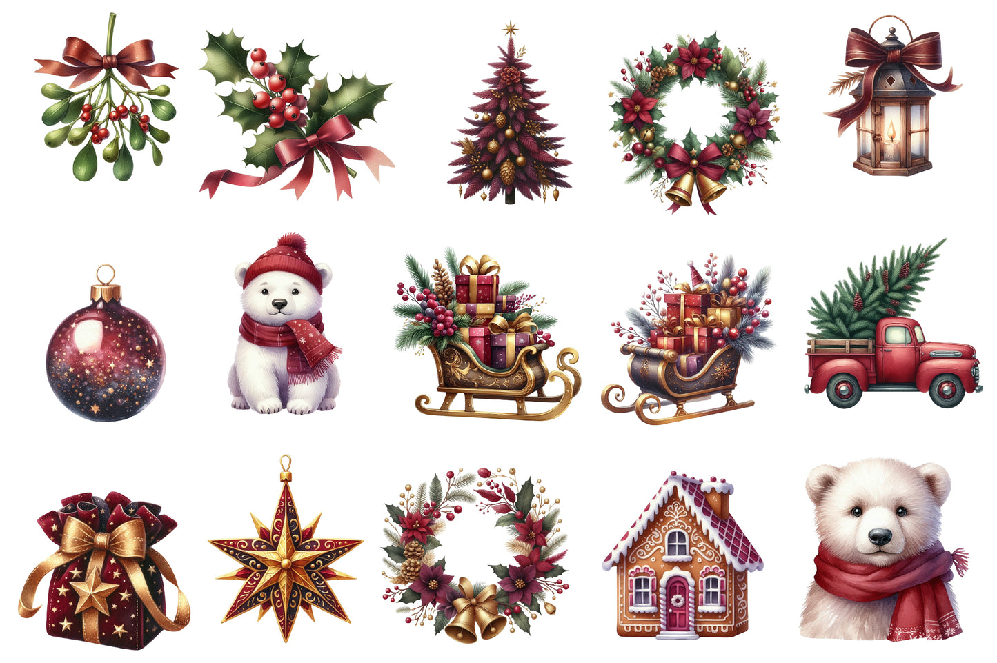 Burgundy Christmas Watercolor Clipart PNG Bundle | Elegant Red Christmas Watercolor Clipart | Burgundy Holiday Sublimation PNG