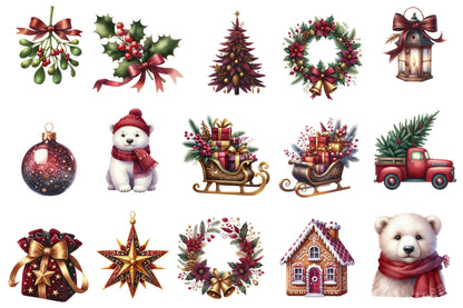 Burgundy Christmas Watercolor Clipart PNG Bundle | Elegant Red Christmas Watercolor Clipart | Burgundy Holiday Sublimation PNG