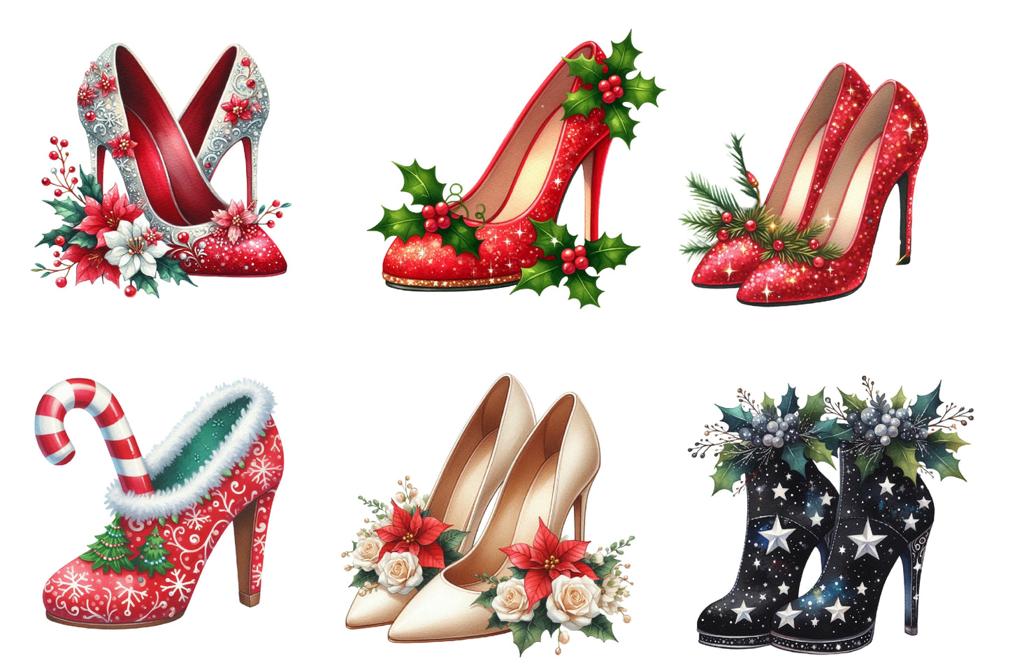 Christmas Shoes Clipart Bundle PNG | Watercolor Festive Christmas Shoes Clipart | Holiday Footwear Sublimation PNG