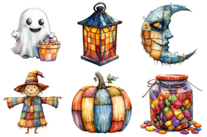 Halloween Patchwork Clipart PNG Bundle | Colorful Owl, Bat, Pumpkin, Witch & Haunted House