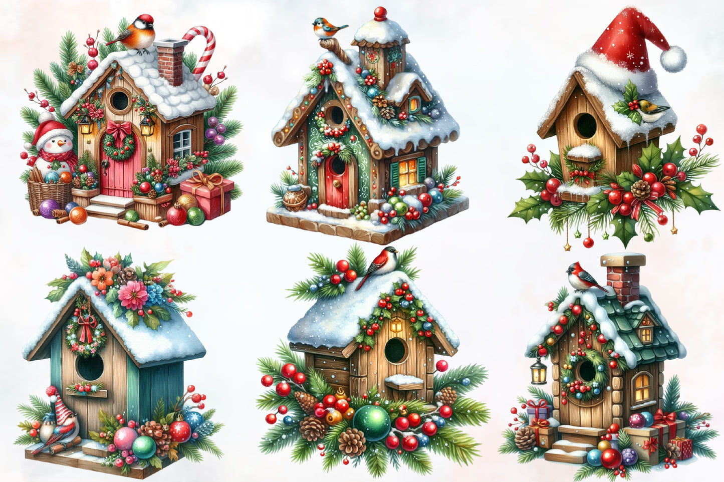 Christmas Bird House Clipart PNG Bundle | Winter Birdhouse, Christmas Birds, Snowy Bird House & Festive Holiday Cottage Designs